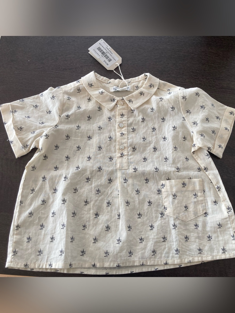 Children's Cream Short-Sleeve Button Front Top with Navy Motif